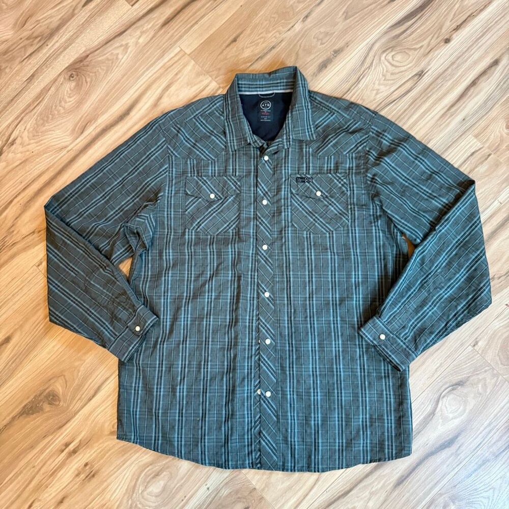 ATG x Wrangler Mens Gray Blue Plaid Western Snap Button Up Shirt Size XLT